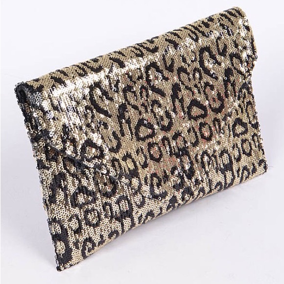 Metallic Gold Leopard Animal Print Sequins Envelope Clutch Bag - Picture 2 of 5